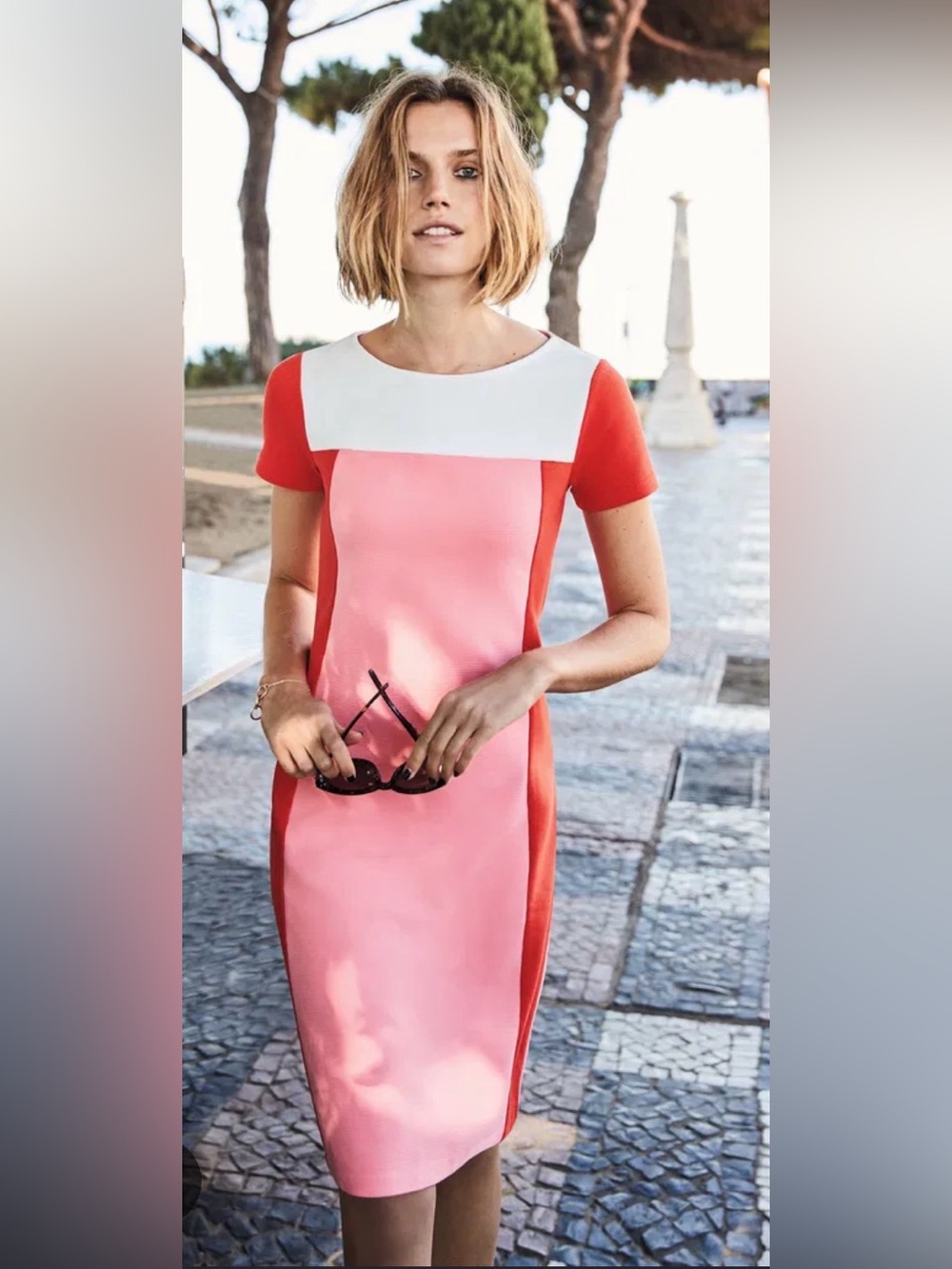 Boden Pink, Coral & White Colorblock Sheath Midi Dress